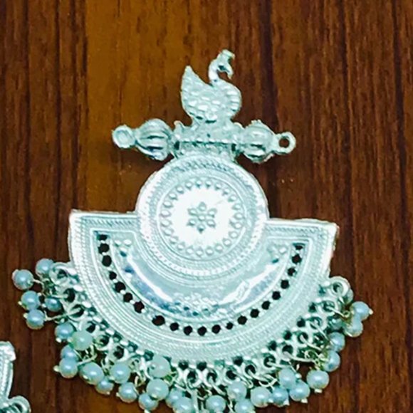 Massive Dangle Earrings, Oxidized Silver Indian Earrings, Handmade Silver Tone - Picture 4 of 8